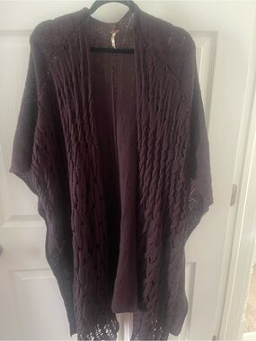 Free People Cable Knit Open-Front Poncho in Dark Plum